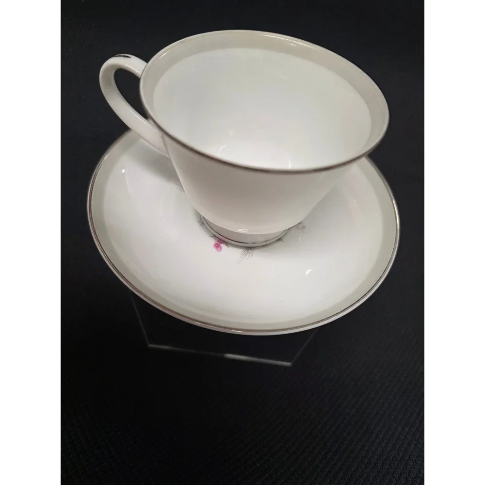 Vintage Norleans Japan Eventide Teacup and Saucer Set Pink Rose Silver Trim